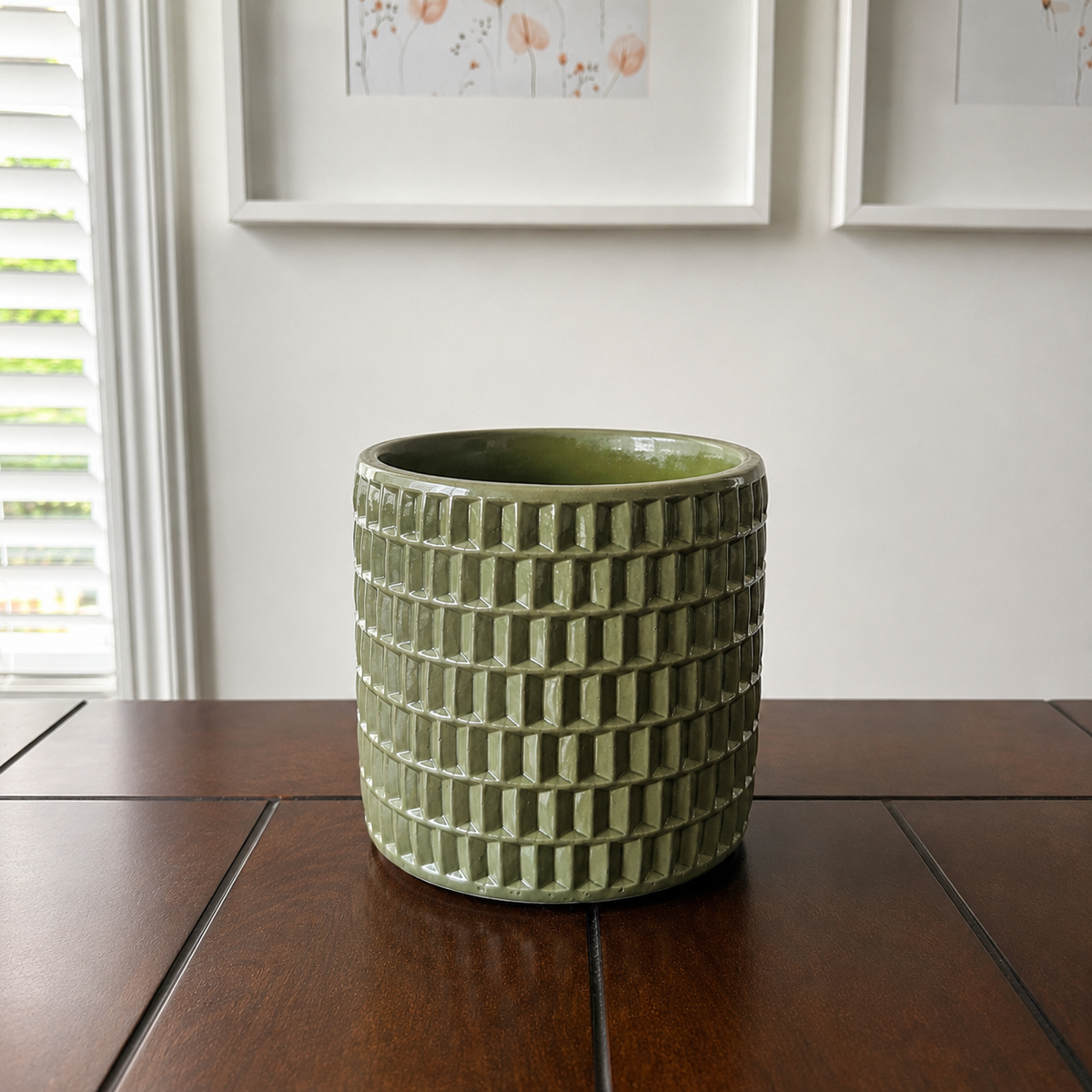 Cache-pot cylindrique maillé vert olive – 7 po (pour plantes de 6 po)